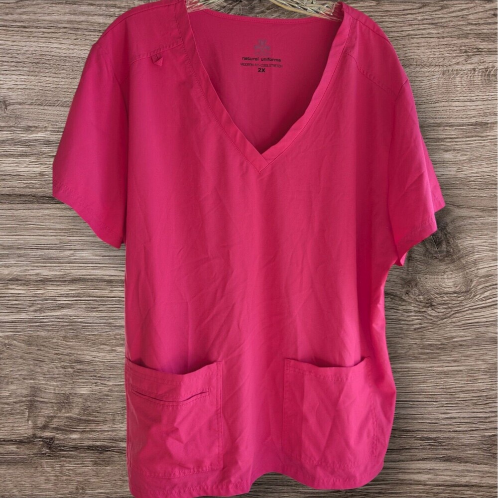 Natural Uniforms Women's 2X Plus Scrub Top Bright Pink Medical Nursing